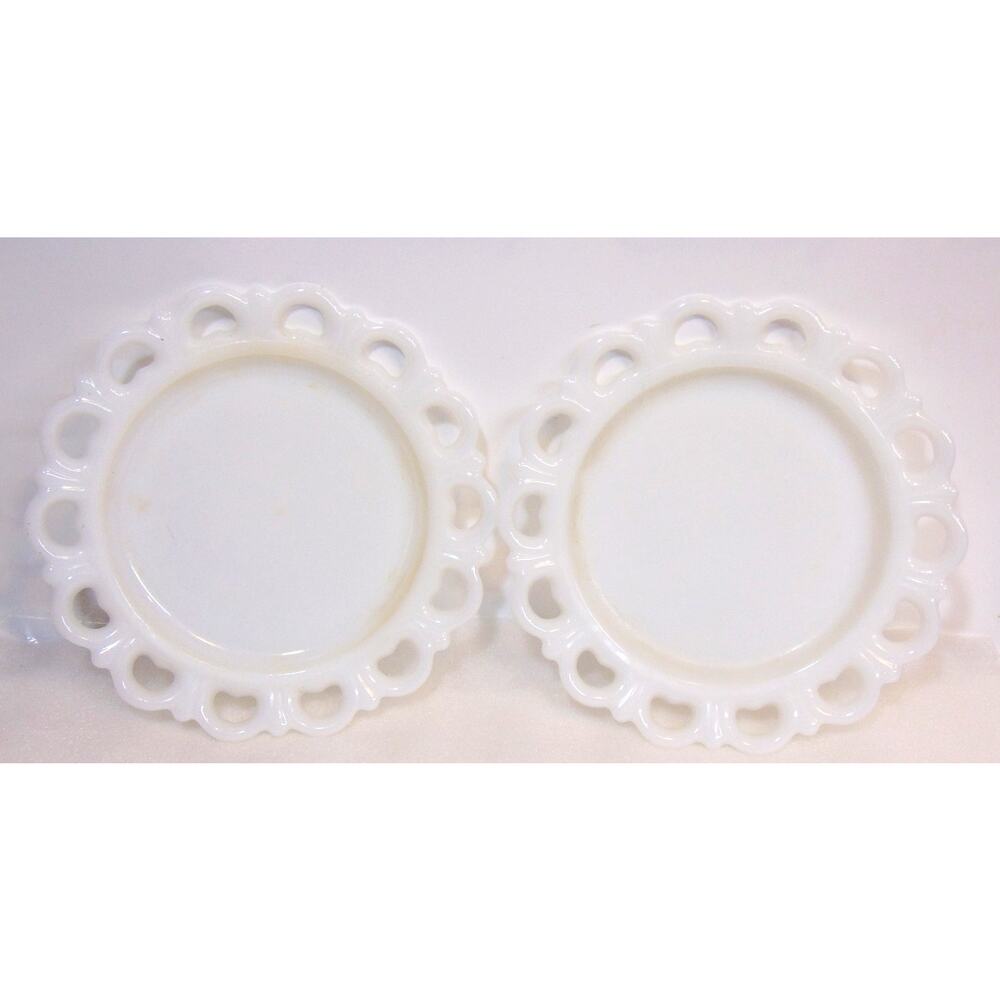 Vintage Milk Glass Open Lace Scalloped Edge Tray Plate Anchor Hocking Desert Set